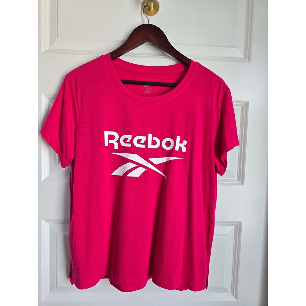 Reebok Womens Pink Graphic Logo Short Sleeve T-Shirt Size Large Athletic Gym Tee